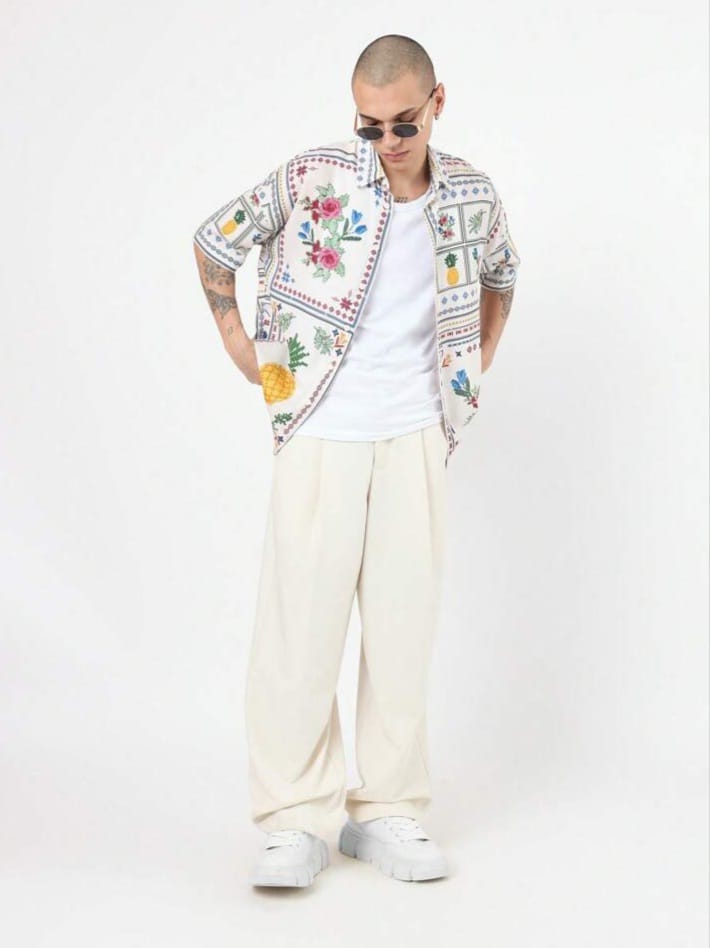 SWAVVY Tropical Short Sleeve Button Down Floral Pineapple Print Hawaiian Style Shirt Men